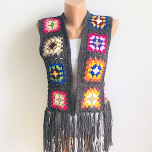 Patchwork Colorful Gray Granny Square Vest, Boho Crochet,Sweater, Festival Boho Top, Hippie Clothes, Crochet Vest