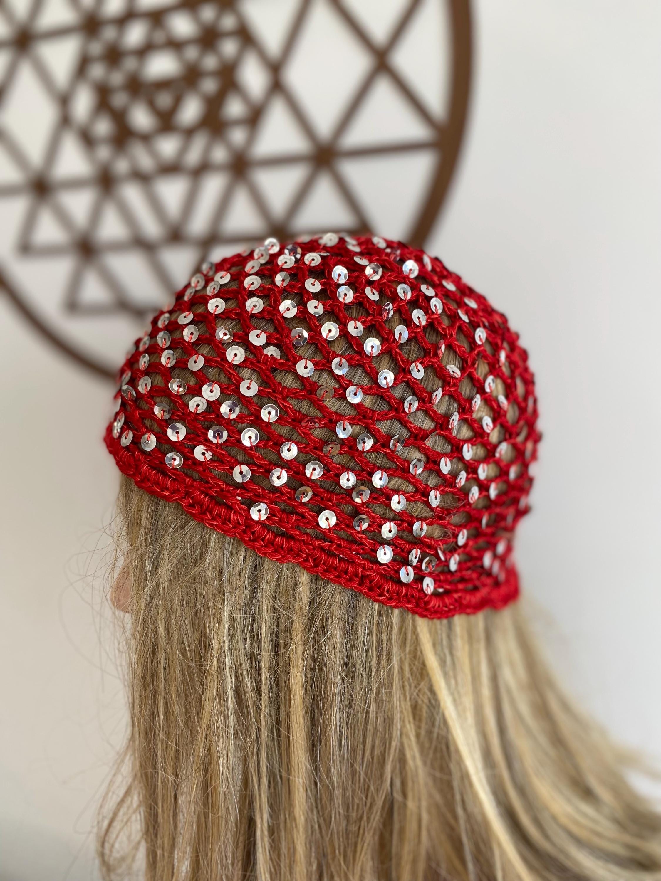 Boho Sequin Crochet Skull Cap Sparkly Festival Hair Cover Handmade Black Sequin Mesh Skull Cap Boho Crochet Festival Hat  main image 2