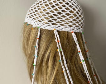 White Jelly Fish Mesh Hat, Skull Cap, Netted  Beanie, Handmade with Colorful beads