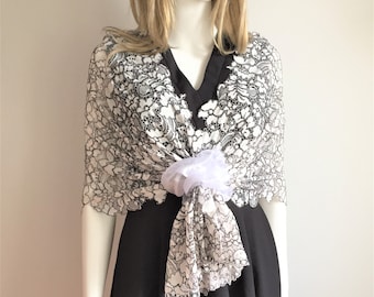 Off White Tulle Shawl, Black Flowers Bridal Stole, Gray Wrap, Wedding Shawl, Bridal Cover Up, Bridesmaid Gift