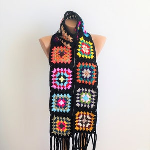 Colorful Long Handmade, Colorful Crochet Granny Square Scarf, Long Scarf, Granny Wrap, Wool Scarf