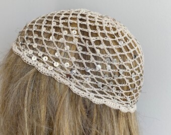 Crochet Cream Mesh Hat, All Color Skull Cap, Netted Mesh Beanie, Handmade hat, Mesh Beanie with sequins