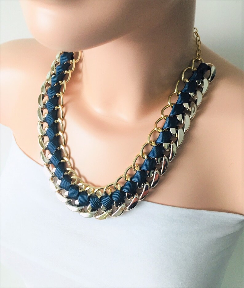Statement Necklace Bib Necklace Chain and Ribbon Necklace-Dark Blue Ribbon Necklace