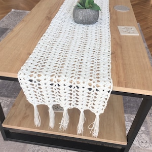 Crochet Cotton Table Runner with Tassels: Off White Decor