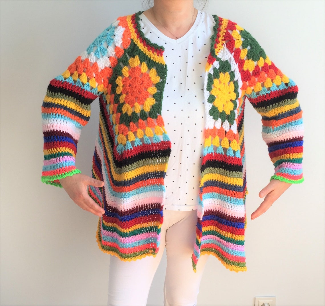 Oversized Patchwork Coat, Colorful Granny Square Crocheted Cardigan ...