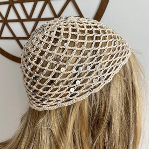 Crochet Sequins Hat – Boho Skull Cap, Netted Cotton, Handmade Festival Hat, Sequin Mesh Beanie