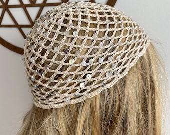 Crochet Cream Mesh Hat, All Color Skull Cap, Netted Mesh Beanie, Handmade hat, Mesh Beanie with sequins