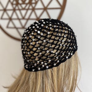 Crochet Black Mesh Hat, All Color Skull Cap, Netted Mesh Beanie, Handmade hat, Mesh Beanie with sequins