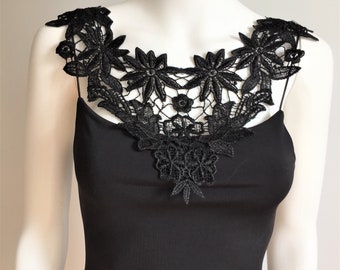 Flower Black Necklace, Venice Lace Necklace, Bib Necklace, Statement Necklace