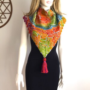 Colorful Green Tones Crochet Shawl, Wrap Scarf, Christmas Gift, Triangle Scarf with Tassel