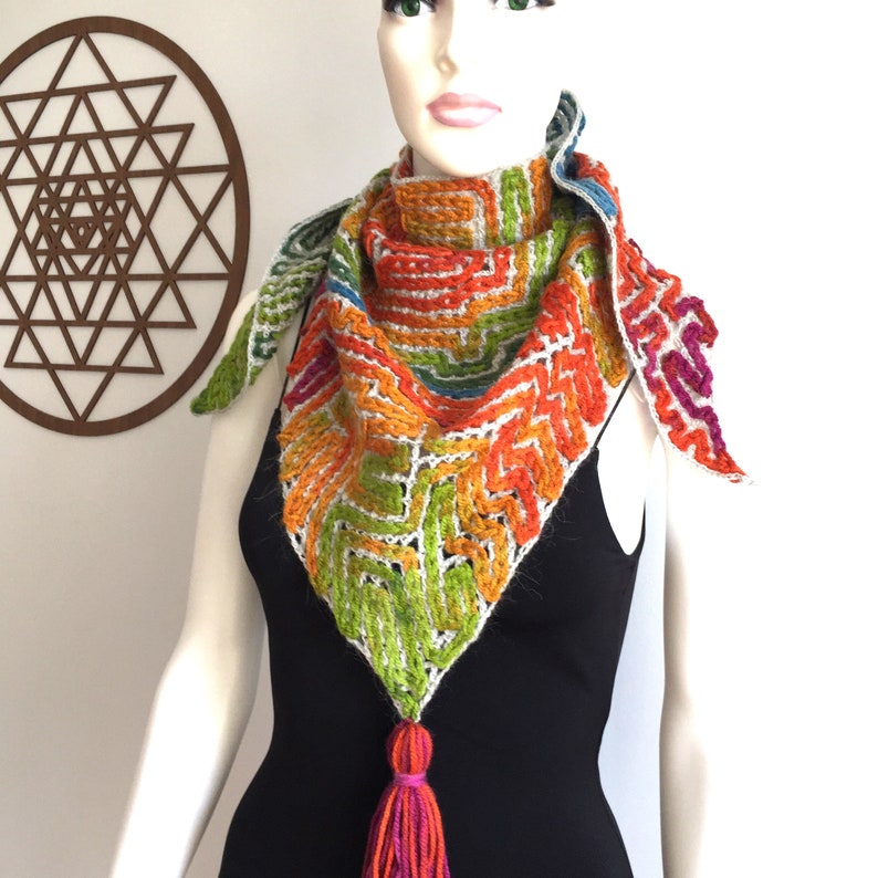 Colorful Green Tones Crochet Shawl, Wrap Scarf, Christmas Gift, Triangle Scarf with Tassel image 7