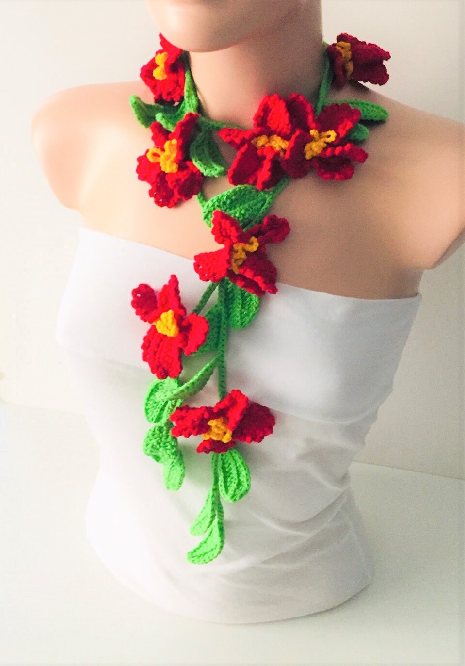 Red Flower Scarf, Handmade Crochet Scarf, Poinsettia Lariat, Flower