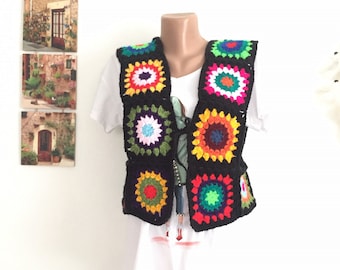 Colorful Black Granny Square Vest, Boho Crochet,Sweater, Festival Boho Top, Hippie Clothes, Crochet Vest