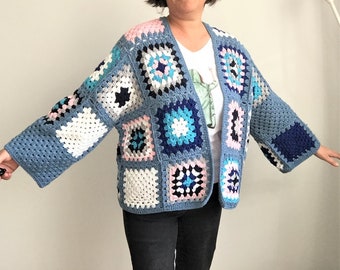 Oversized Granny Square Coton Crocheted Cardigan, Coton Short Jumper, Boho Coat, Woman Afghan Coat