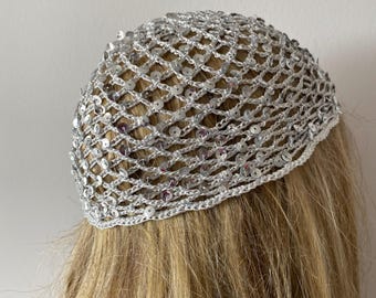 Crochet Silver Color Mesh Hat, All Color Skull Cap, Netted  Beanie, Handmade with sequins