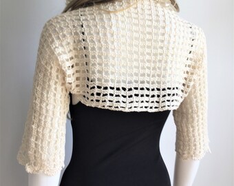 Organic Cream Crochetted Granny Square Shrug, Cotton Bolero, Women Clothing, Wedding Shrug, Bridal Coat