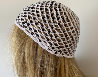 Moon White Crochet Handmade Mesh Hat with sequins, Light weight, Festival Skull Cap