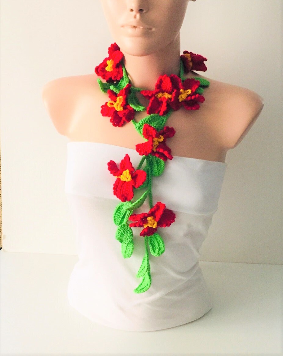 Red Flower Scarf, Handmade Crochet Scarf, Poinsettia Lariat, Flower