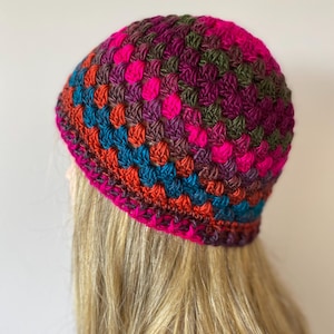 Colorful Crochet Granny Square Hat: Wool Blend Boho Beanie
