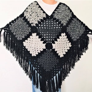 TILES-Oversized Spring Poncho, Crocheted Gray Tones Shawl, Handmade, Granny Squares Poncho