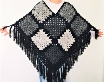 TILES-Oversized Spring Poncho, Crocheted Gray Tones Shawl, Handmade, Granny Squares Poncho