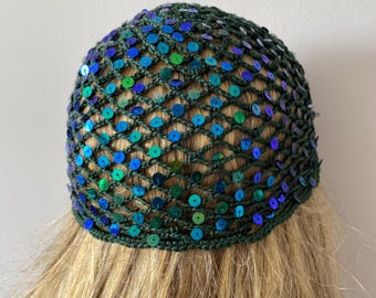 Peacock Dark Green Mesh Beanie, Skull Cap, Netted Hat, Handmade with sequins