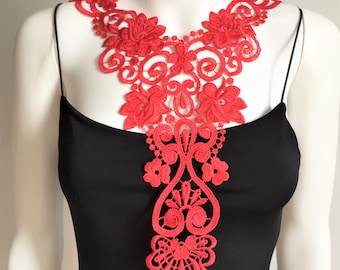 ROSE-Red Necklace-Venice Lace Necklace- Bib Necklace, Statement Necklace