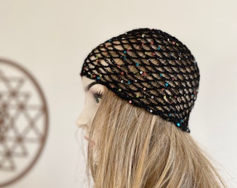 Crochet Black Mesh Hat, All Color Skull Cap, Netted Mesh Beanie, Handmade hat, Mesh Beanie with sequins