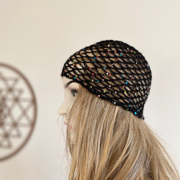 Crochet Black Mesh Hat, All Color Skull Cap, Netted Mesh Beanie, Handmade hat, Mesh Beanie with sequins