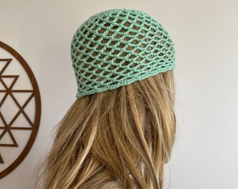 Mint Green Crochet Cotton Mesh Hat, All Color Skull Cap, Netted Mesh Beanie, Handmade hat, Mesh Beanie