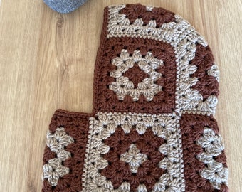 Brown  and Beige  Crochet Balaclava, Granny Squares Ski Mask, Wool Motifs Hat, Classic model of Balaclava