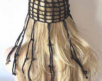 Black Jelly Fish Mesh Hat, All Color Skull Cap, Netted  Beanie, Handmade with beads