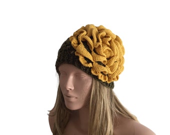 Big Rose Crochet Hat, Saffron and  Green tones  Hat, Granny Square Hat, Gift for her, Boho Beanie