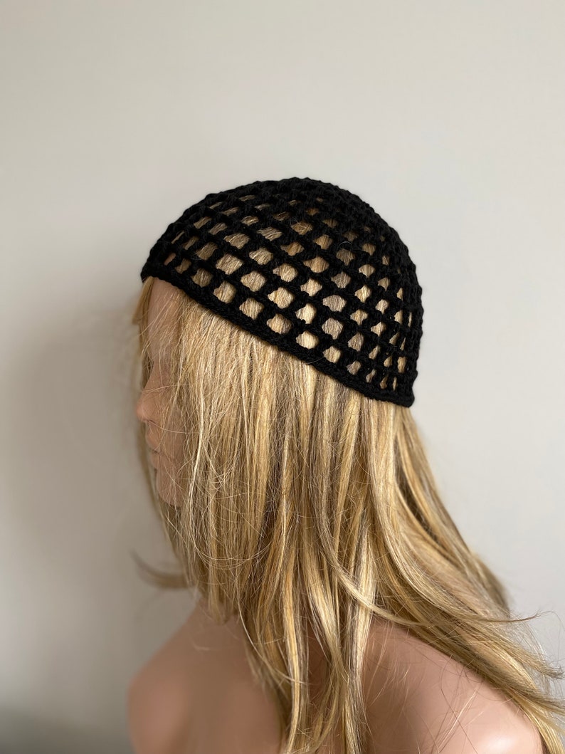 Crochet Black Mesh Hat, All Color Skull Cap, Netted Mesh Beanie, Handmade hat, Mesh Beanie zdjęcie 7