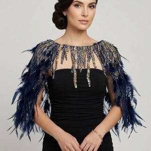 Feather Capalet for Evening Dress, Navy Blue Sequined Party Shoulder Wrap, Glamorous Flapper Bolero