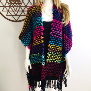 Festival Colorful Poncho, Crocheted  Shawl, Handmade, Woven Huge  Poncho with Long Tassels