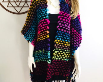 Festival Colorful Poncho, Crocheted  Shawl, Handmade, Woven Huge  Poncho with Long Tassels