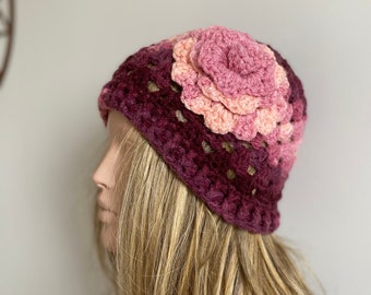 Ombre Crochet Hat, Colorful Pink tones  Hat, Granny Square Hat, Gift for her, Boho Beanie