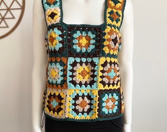 Oversized Patchwork  Coton Halter Top, Bohemian Colorful Granny Square Blouse, Festival Vintage Cloths