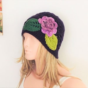 Handmade Purple  Granny Crochet Beanie, Boho Design Flowers Hat, Beanies