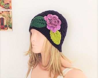 Bonnet au crochet violet fait main grand-mère, chapeau à fleurs design bohème, bonnets