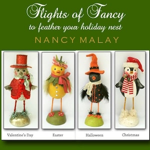 May include: Four handmade bird figurines representing different holidays: Valentine's Day, Easter, Halloween, and Christmas. Each bird is dressed in a festive costume and stands on a base.