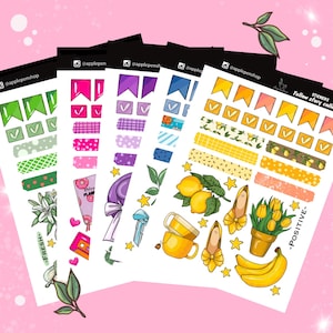 Color Sticker, Tagebuch Sticker, BuJo Journaling, Bullet Journal. 5 Stickerbögen. Aufkleber in grün, gelb, blau, lila und pink.