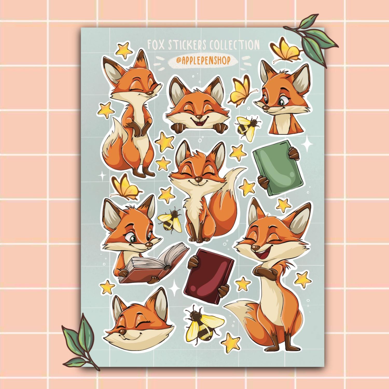 Fox stickers net for bullet journal, planner. Cute and colorful illustration. Forest, animal, mascot pack. Gift Idea Journal Stickers