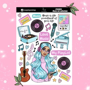 Muziekplanner stickers dagboek stickers esthetische stickers BuJo plakboek muziek zanger gitaar microfoon mode meisje afspeellijst