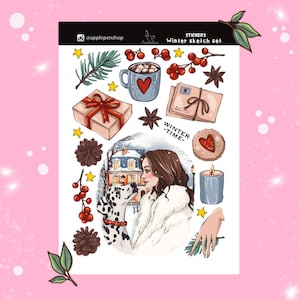 Sticker Set mit Sketch Illustration mit Mädchen und Hund Journal Stickers Aesthetic Sticker BuJo Scrapbook Winter Weihnachten Neujahr