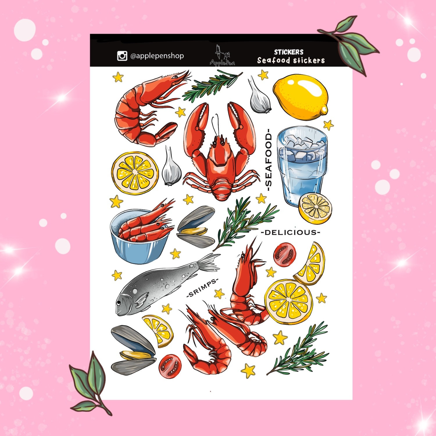 Sticker Sheet Seafood Collection. Stickers with shrimps, wish, seafoods. Planner Sticker Sheet. Bullet journal. Scrapbook.