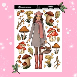 Stickerset met herfstmeisje in jas met paddenstoel Dagboekstickers Esthetische sticker BuJo Plakboek Leuke gezellige bossfeer vrouw