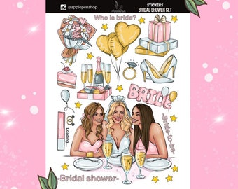 Sticker Set with Bride Girl on Bridal party Journal Stickers Aesthetic Sticker BuJo Scrapbook Friends  Fashion Woman Wedding atmosphere