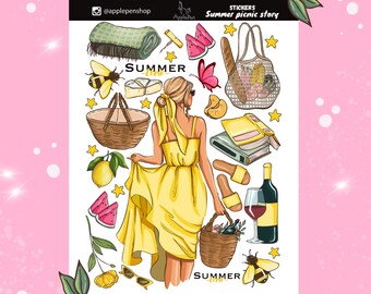 Sticker Sheet Summer picnic Collection. Stickers with summer girl. Planner Sticker Sheet. Bullet journal. Scrapbook.